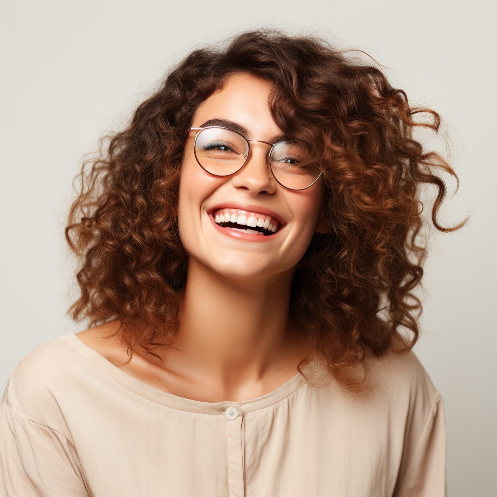 woman wearing glasses laughing and smiling on neutral background