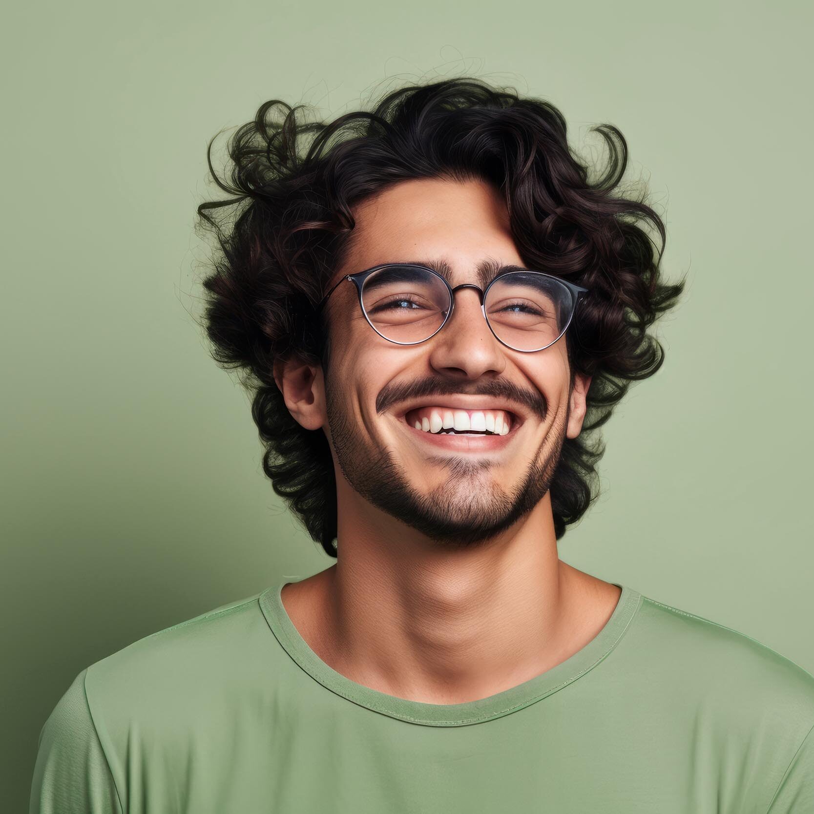 Cheerful young man with curly hair and glasses on green backgrou