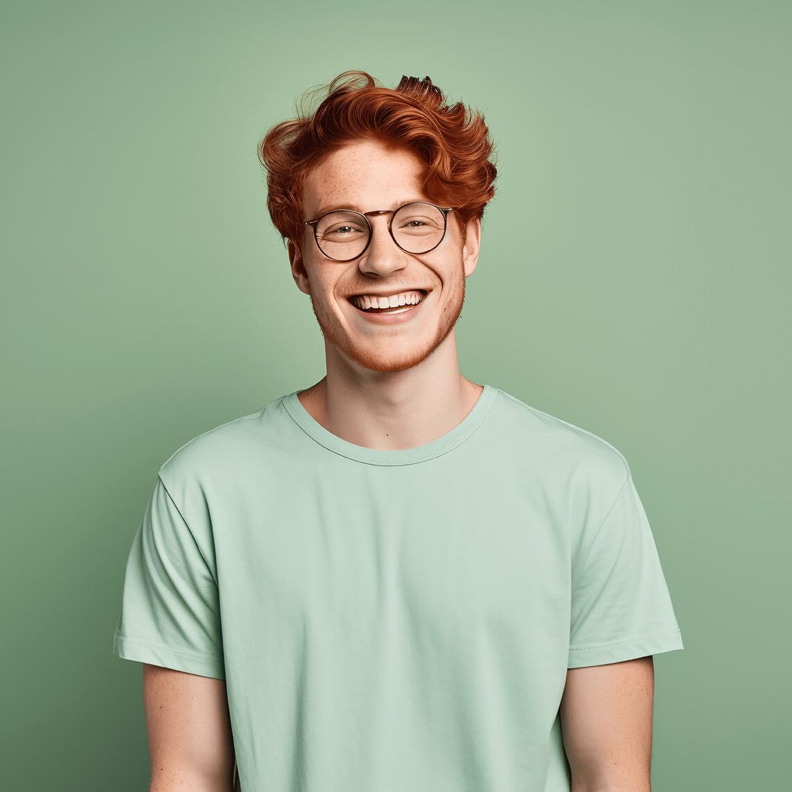 Handsome ginger man wearing green t-shirt and glasses. Isolated